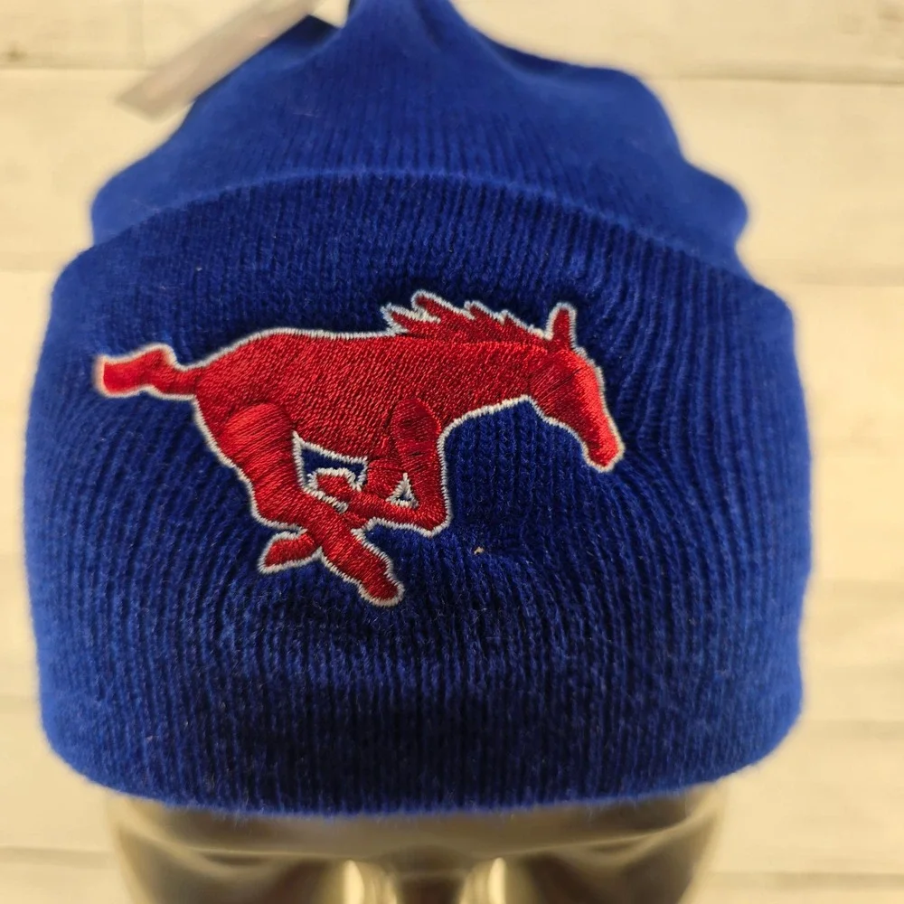 NWT SMU Mustangs Beanie Royal Blue Knit Cuffed Hat Red Mascot Logo One Size NWT